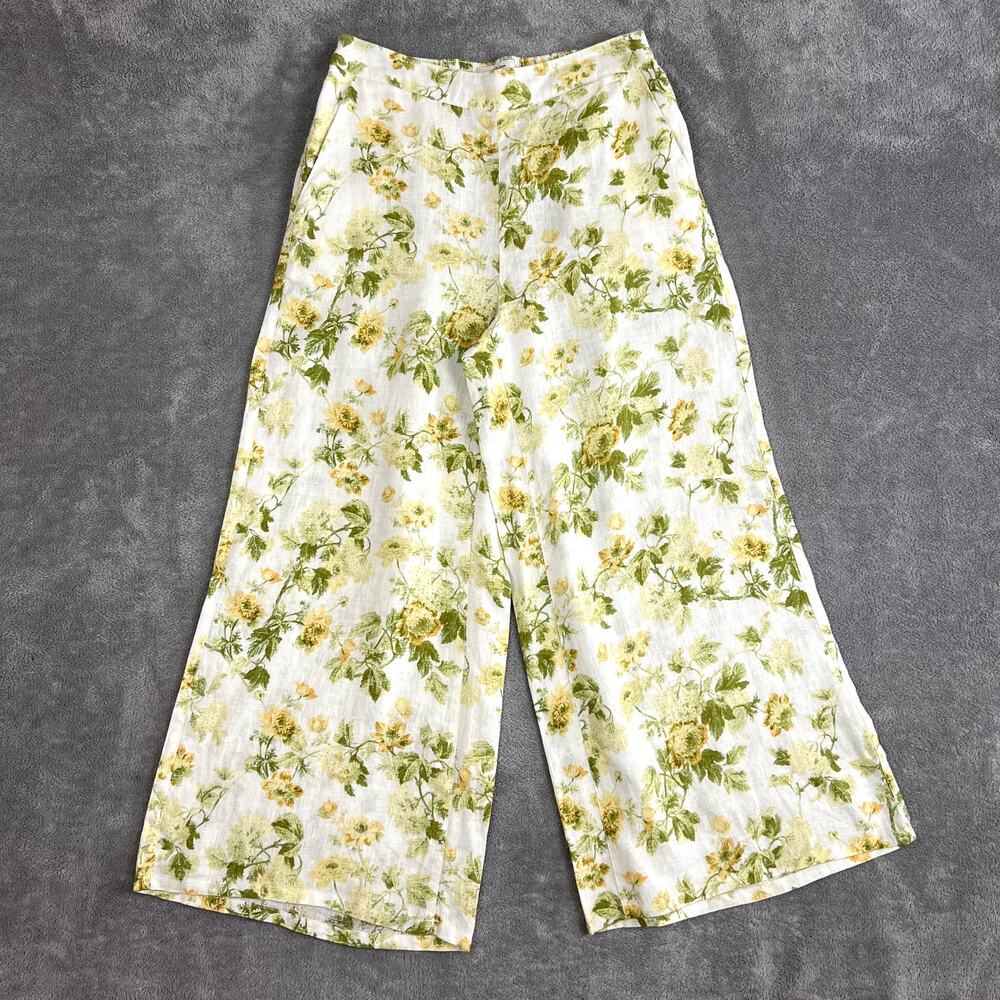 Laura Ashley Floral Pants Womens S 100% Linen Wide Leg Cropped Resort Boho